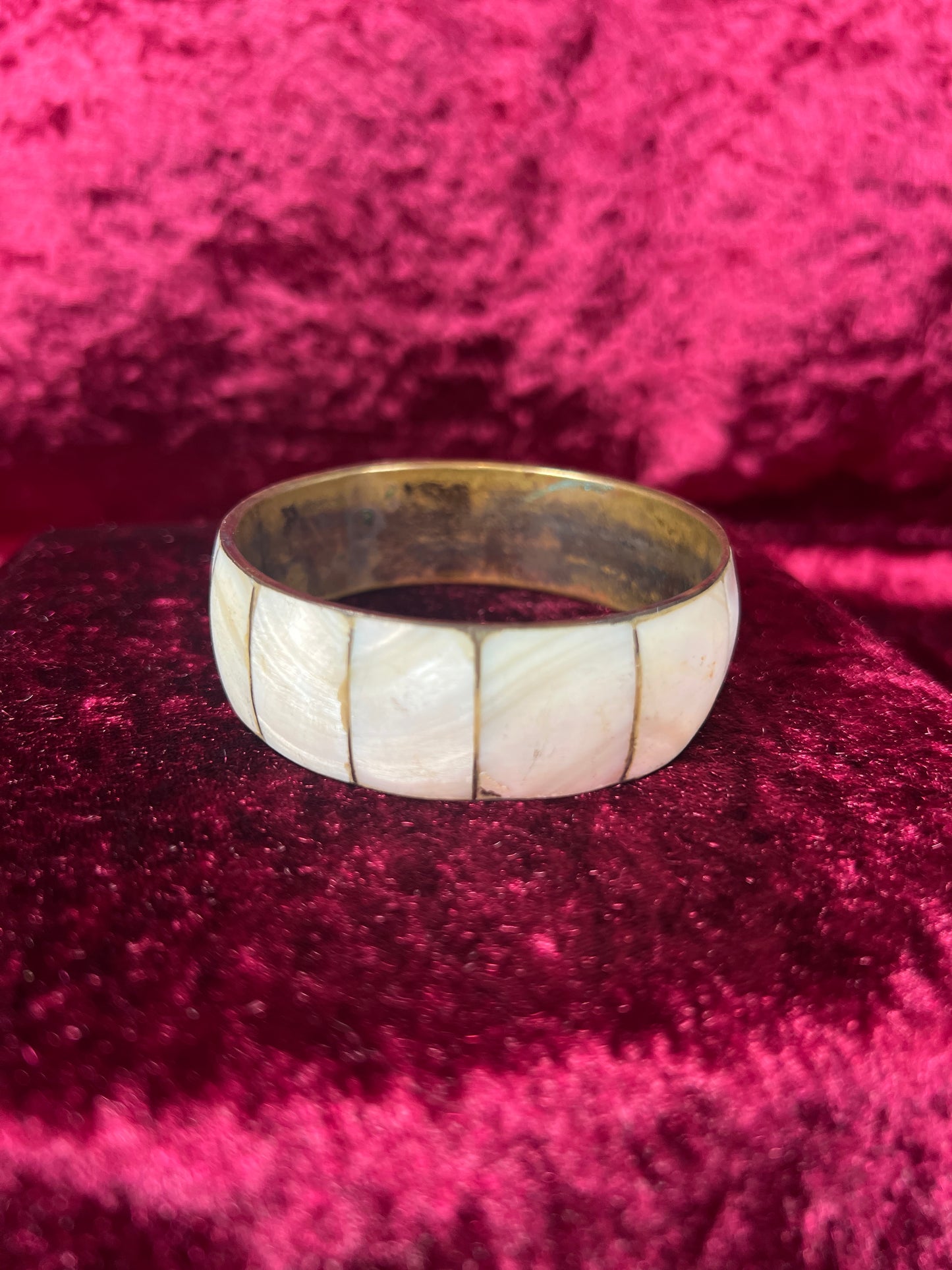 Vintage Jewelry - Cuff Bracelet - Brass - Oyster Shell Inlay - Made In India