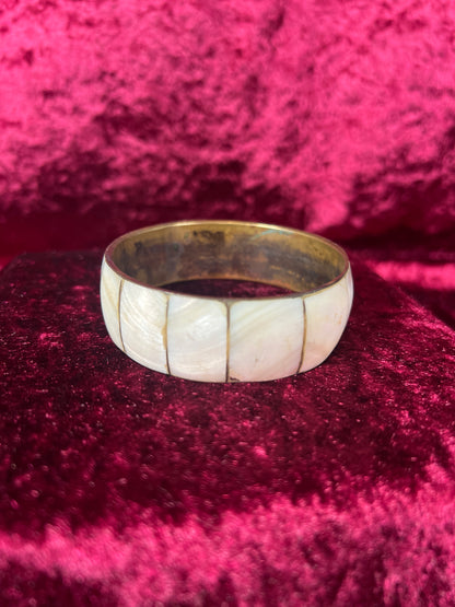Vintage Jewelry - Cuff Bracelet - Brass - Oyster Shell Inlay - Made In India