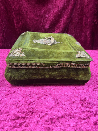 Antique Vanity Decor - French Musical Perfume Box - Green Velvet - Gold Metal Trim