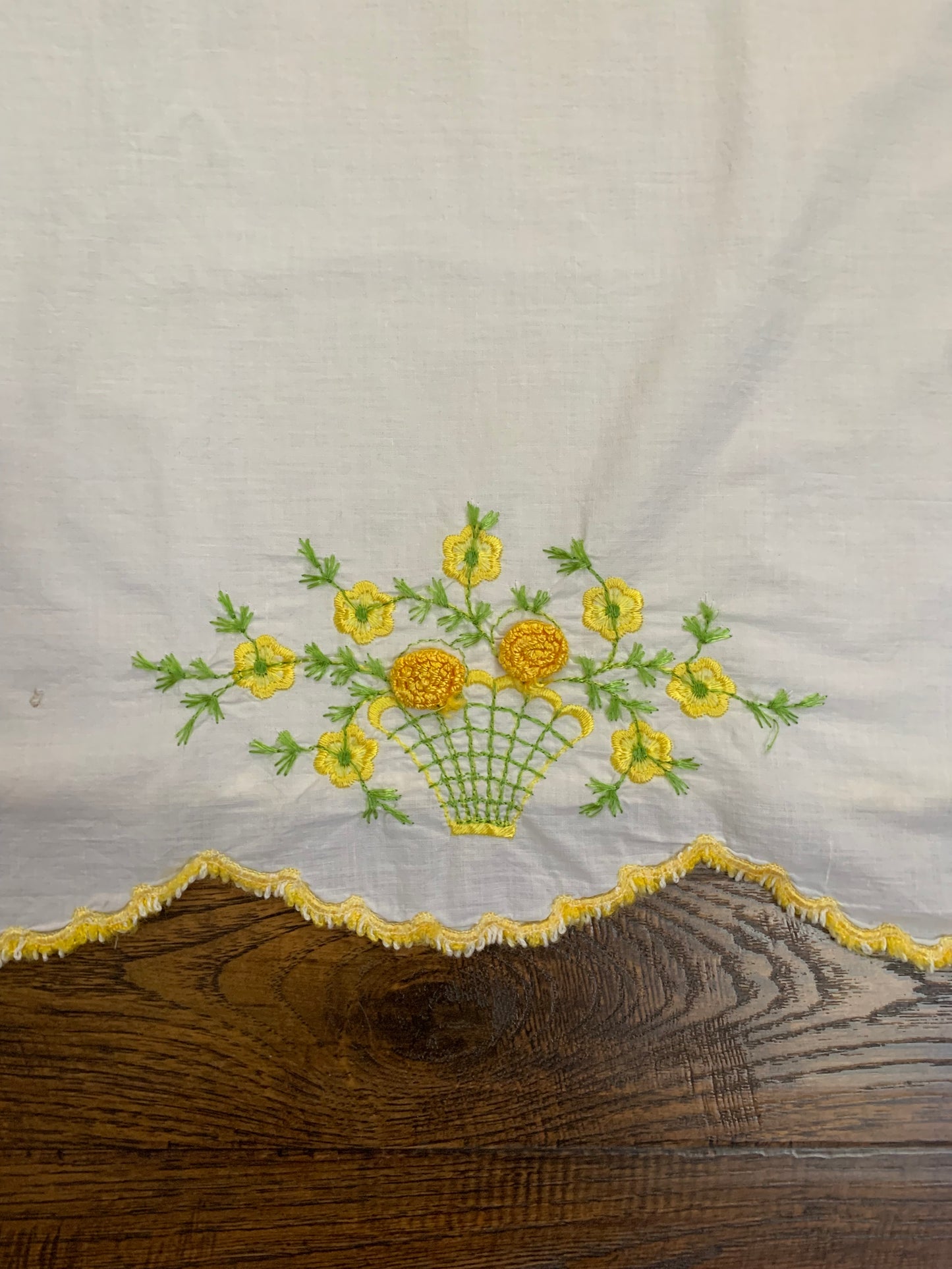 Vintage Embroidered Pillowcase with Crochet Border - Basket of Yellow Flowers