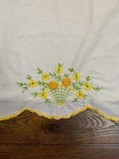 Vintage Embroidered Pillowcase with Crochet Border - Basket of Yellow Flowers