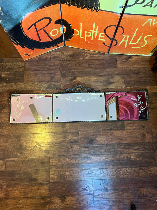 Antique Mirror - Mantle / Buffet - 3-Panel Beveled Glass - Etched Flowers