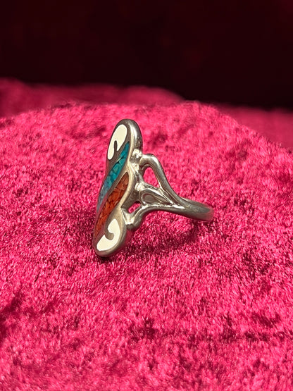 Vintage Jewelry - Ring - Sterling Silver - Turquoise and Coral Chip Inlay - 5