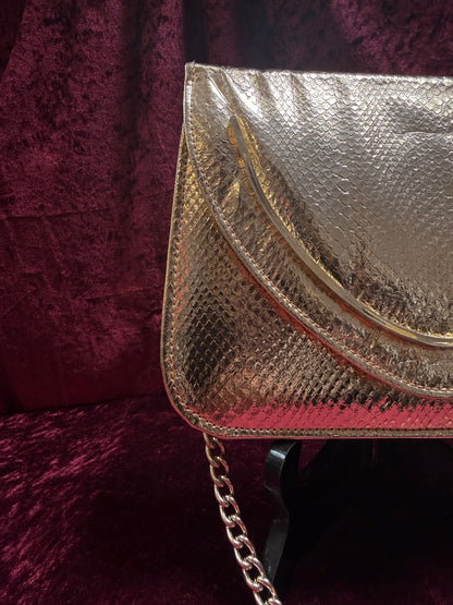 Vintage Accessories - 1980s Gold Metallic Evening Purse with Chain Shoulder Strap - Walborg