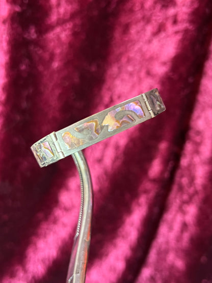 Vintage Jewelry - Bangle Bracelet - Sterling Silver - Inlaid Abalone Shell Panels - Mexico