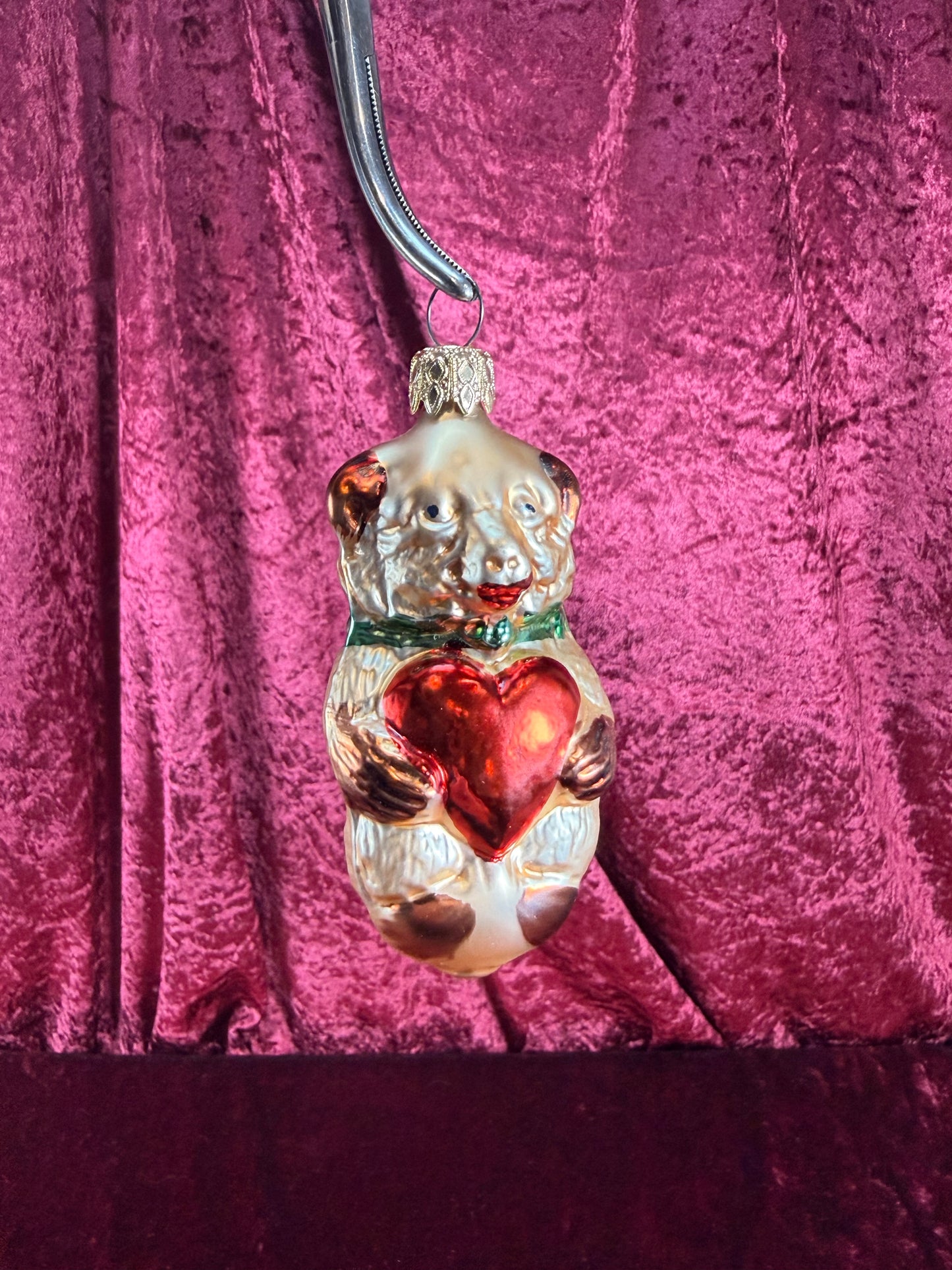 Vintage Christmas - Handblown Glass Ornament - Bear Holding A Red Heart - 4"