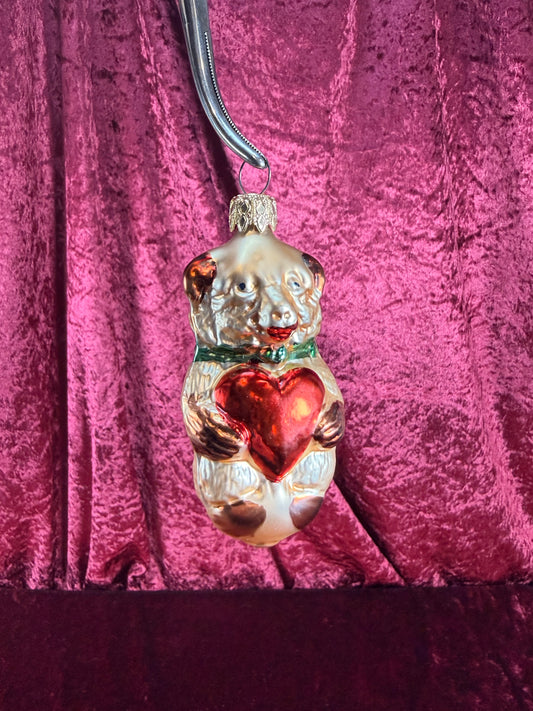 Vintage Christmas - Handblown Glass Ornament - Bear Holding A Red Heart - 4"
