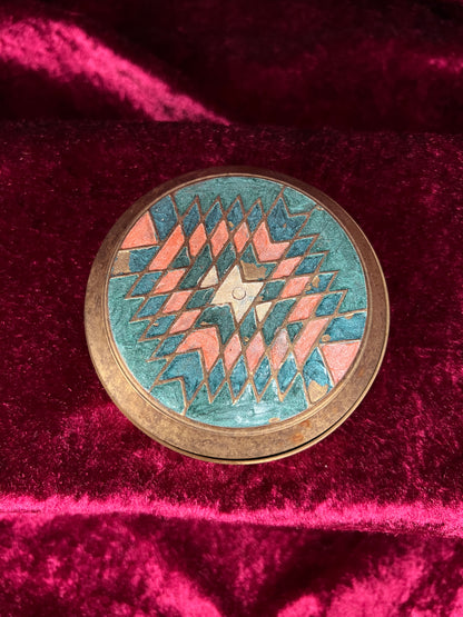 Vintage Solid Brass Trinket Box - 1990s Handpainted Southwestern Design