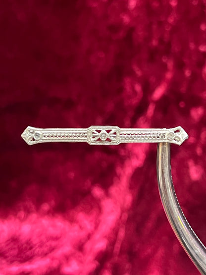 Vintage Jewelry - Brooch - Victorian Bar Pin - Silver Tone Metal - Clear Cut Crystals