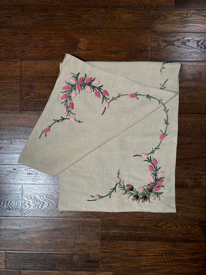 Vintage Rectangular Linen Table Runner - Hand Embroidered Puffy Pink Rosebud Vine