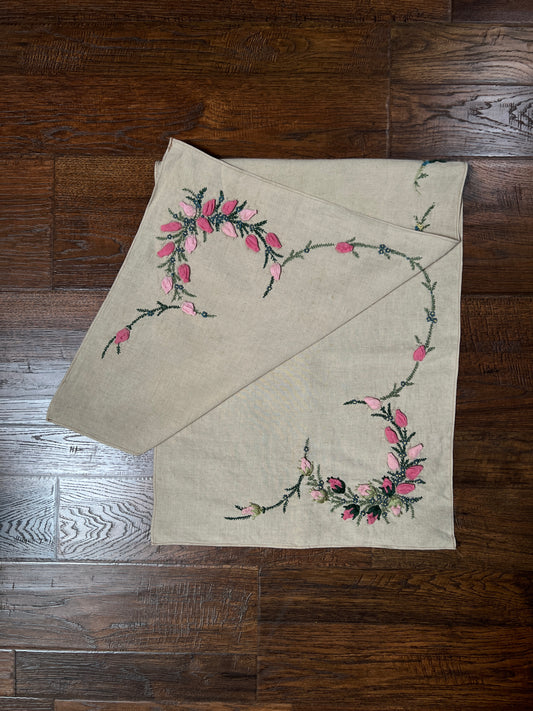 Vintage Rectangular Linen Table Runner - Hand Embroidered Puffy Pink Rosebud Vine