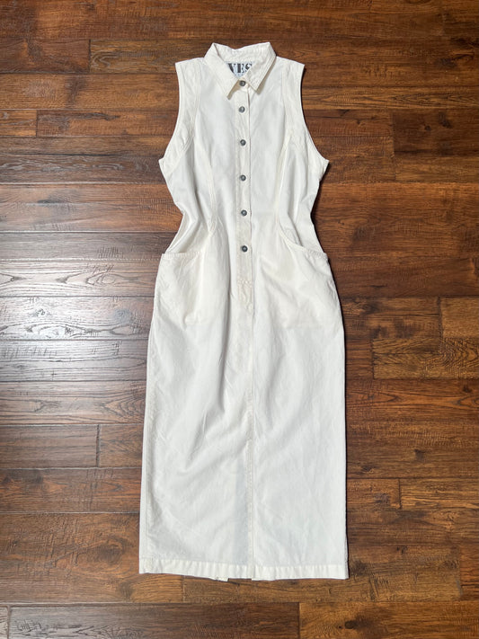 Vintage Clothing - Full Length Sleeveless Shirt Dress - Button Front - White - Medium - YES Clothing