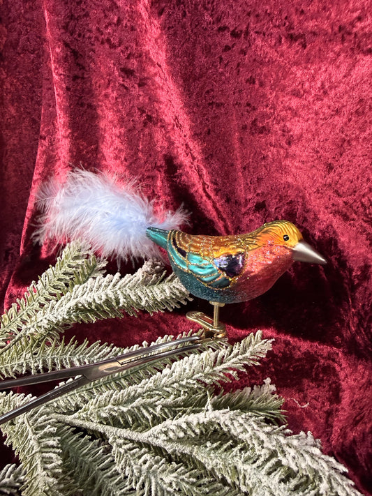Vintage Christmas - Glass Clip-On Ornament - Colorful Bird with Blue Feather Tail - QVC