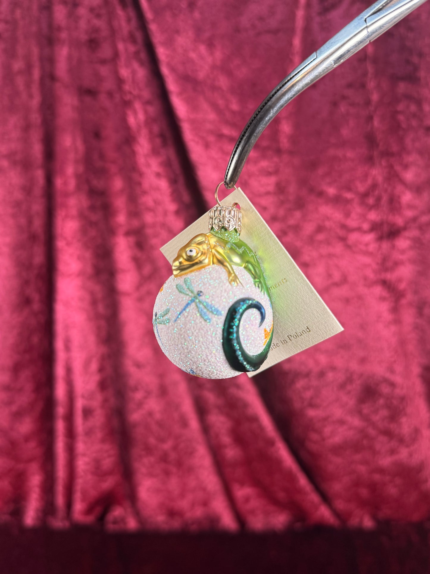 Vintage Christmas - Handblown Glass Clip On Ornament - Spring Chameleon and Butterflies - Patricia Breen - Poland