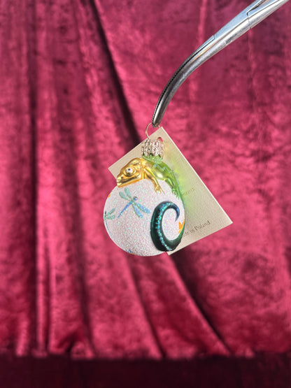 Vintage Christmas - Handblown Glass Clip On Ornament - Spring Chameleon and Butterflies - Patricia Breen - Poland