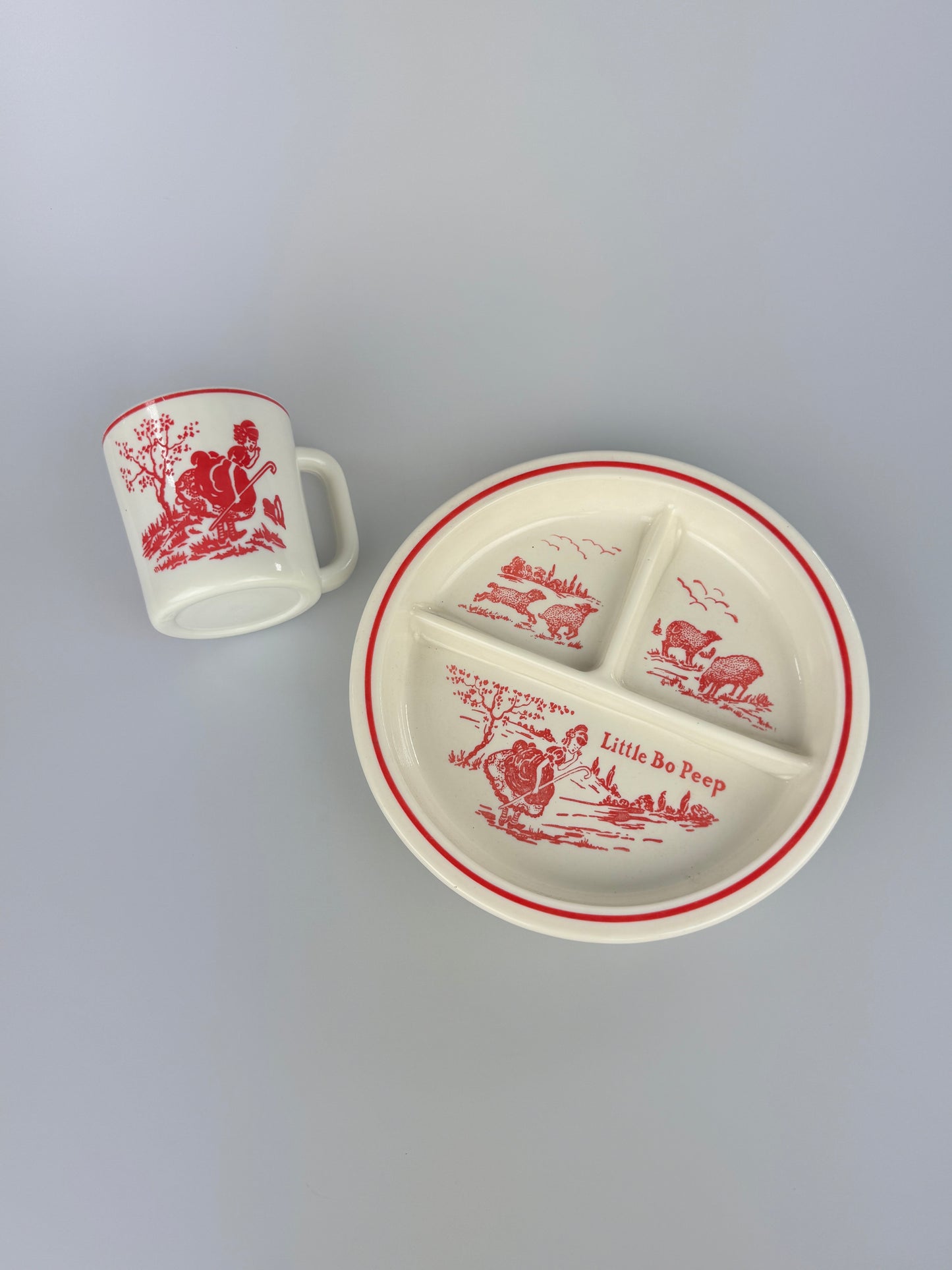 Vintage 1950s Fire King Little Bo Peep Divided Plate and Mug Set