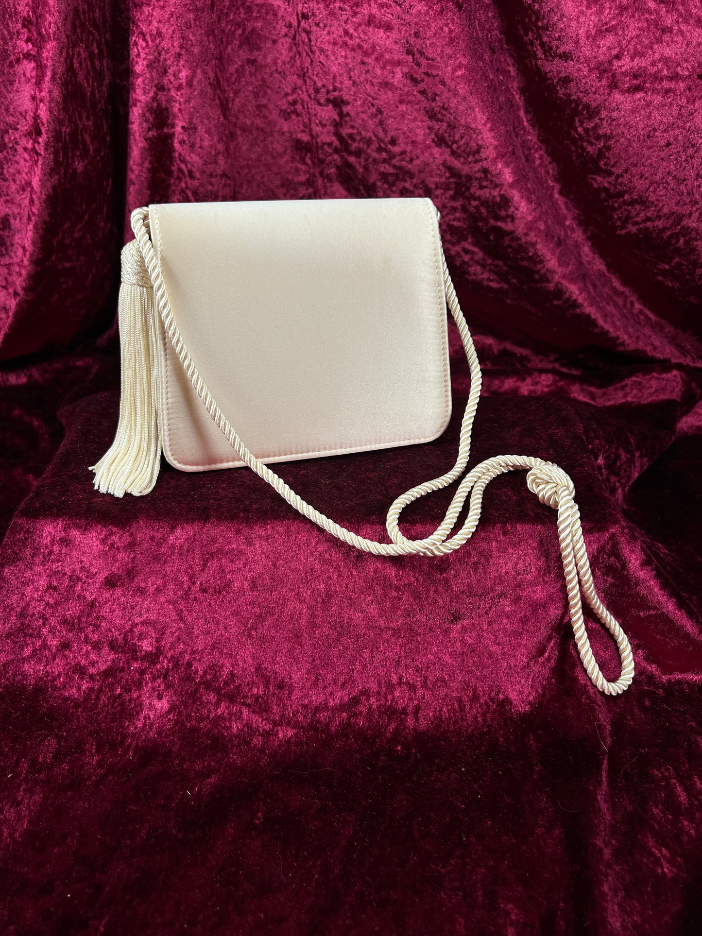 Vintage 100% Silk Evening Bag - Ivory Tassel Rope Crossbody Mini Purse