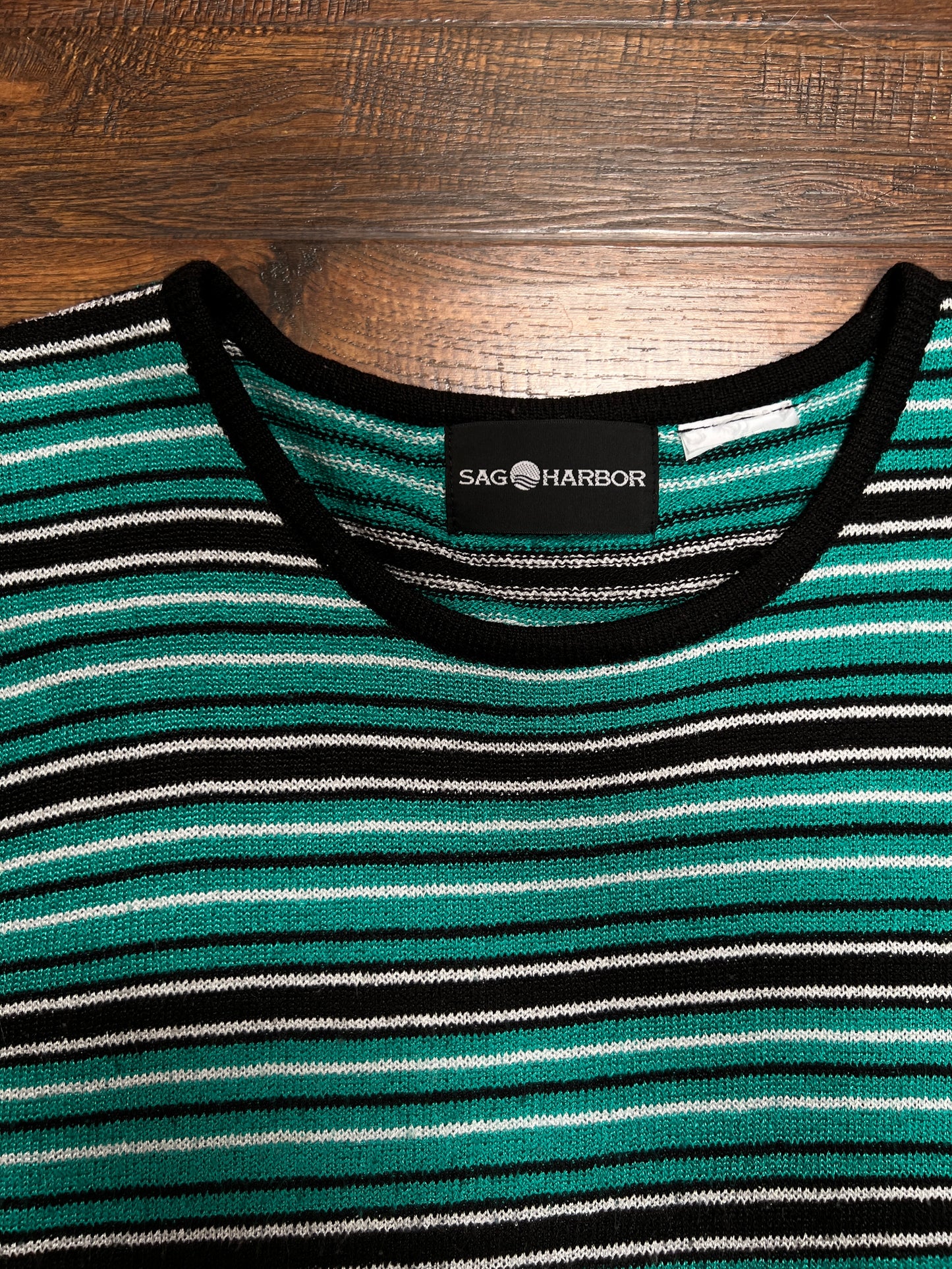 Vintage Sag Harbor Knit Top – Striped Turquoise and Black - Medium
