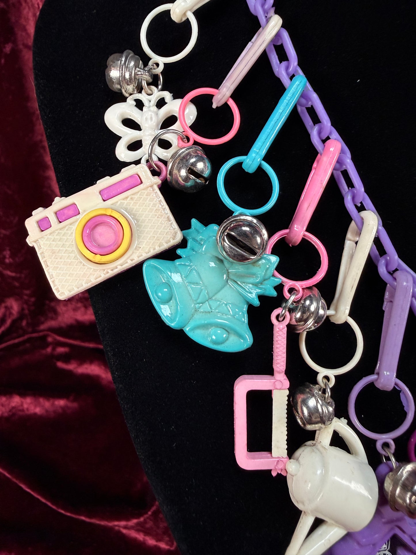 Vintage 1980s Plastic Chain Charm Necklace - 20 Bell Charms - Purple & Aqua Blue