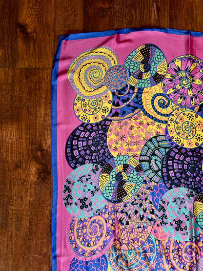 Vintage Hermes Long 100% Silk Scarf - Reves d'Escargot Snails' Dream Pink and Blue Design