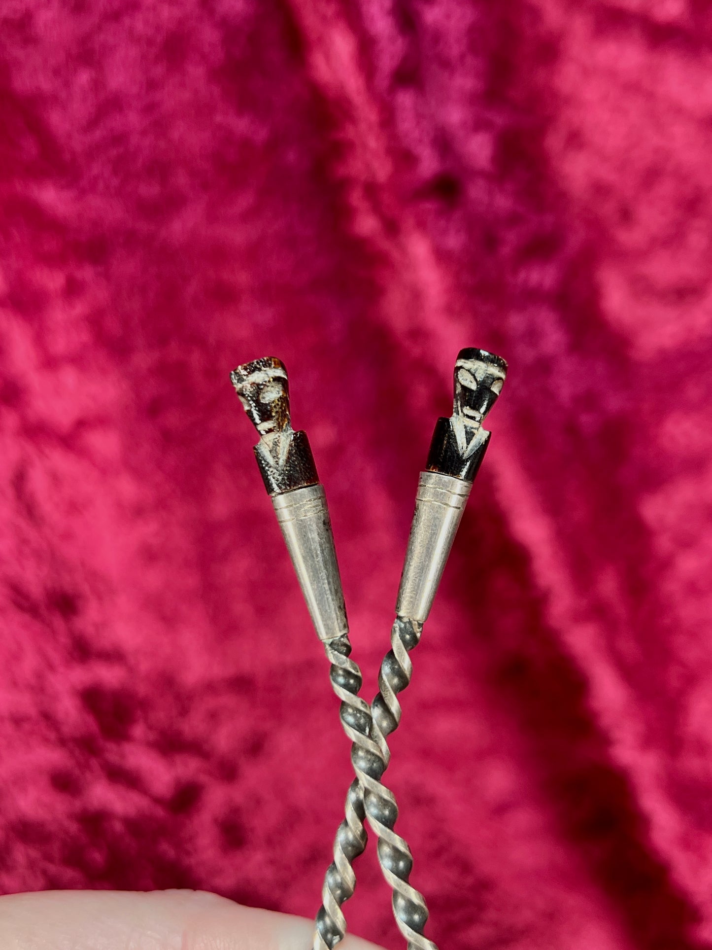 Vintage Silver Plate Cocktail Spoon and Fork Set – Twisted Handles with Tiki Totem Finials