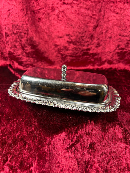 Vintage Kitchen - Covered Butter Dish - Silver Metal with Glass Insert - Ornate Edging