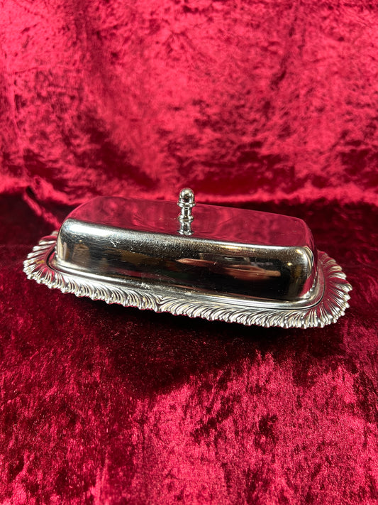 Vintage Kitchen - Covered Butter Dish - Silver Metal with Glass Insert - Ornate Edging