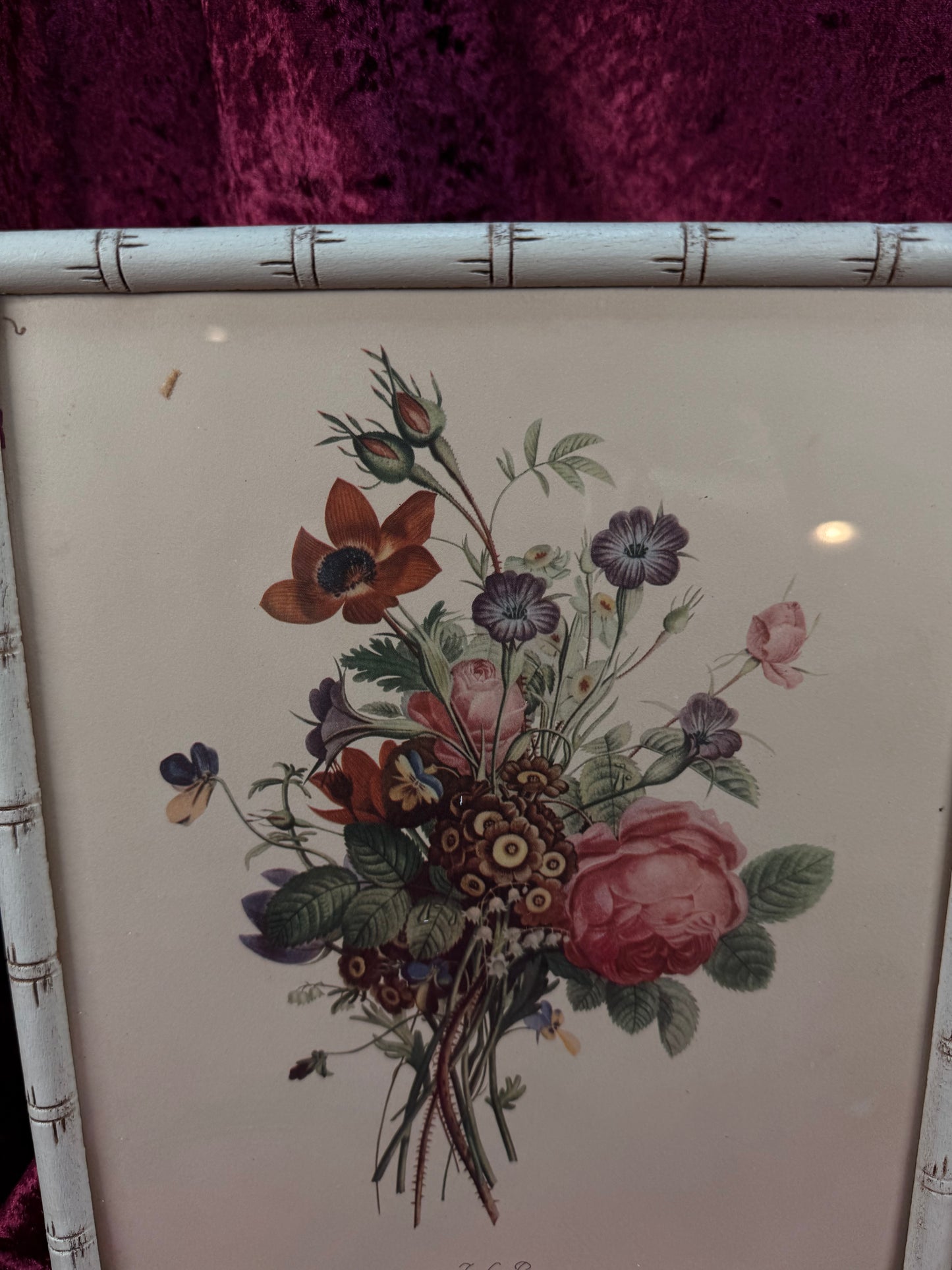 Vintage Framed Botanical Print – Romantic Floral Bouquet Bamboo Style Frame
