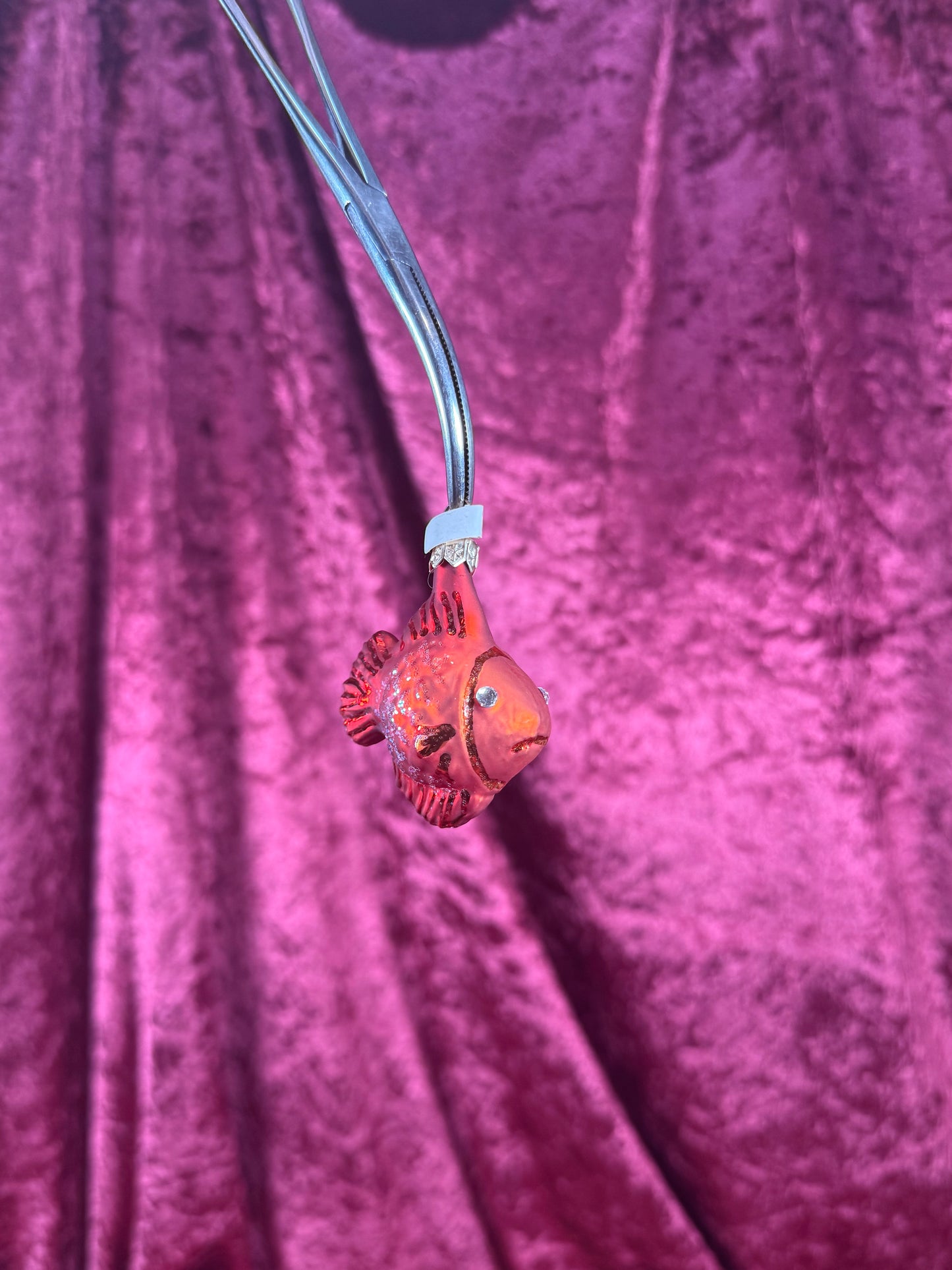 Vintage Christmas - Handblown Glass Ornament - Red Rhinestone Eyes Fish - Poland