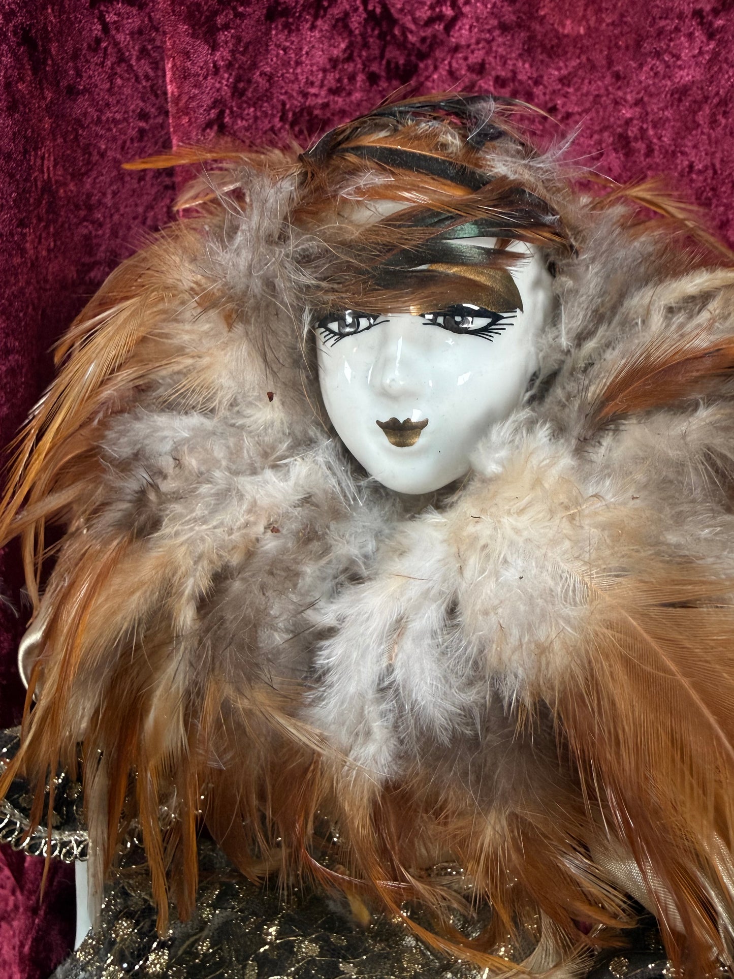 Vintage Porcelain Pierrot Doll – Feathered Collar Seated Harlequin Figure