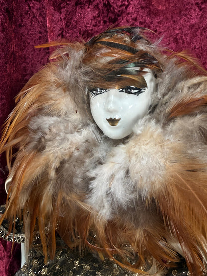 Vintage Porcelain Pierrot Doll – Feathered Collar Seated Harlequin Figure