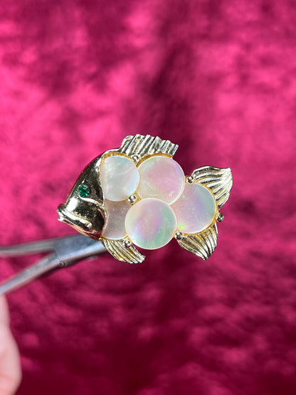 Vintage Jewelry - Brooch - Gold Tone Fish - Green Rhinestone Eye - Mother of Pearl Scales