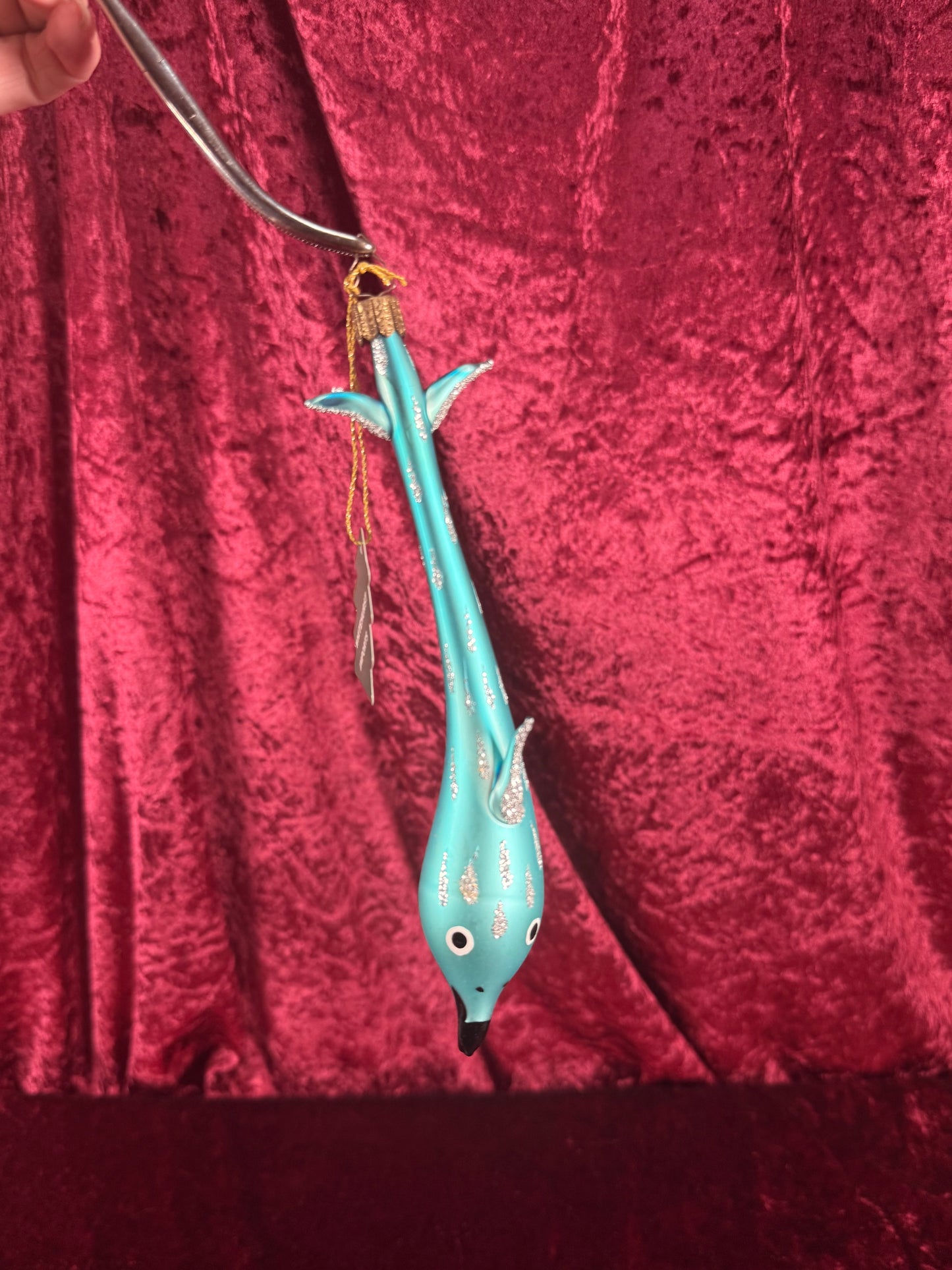 Vintage Christmas - Handblown Glass Ornament - Blue Dolphin with Silver Glitter - Whitehurst Imports