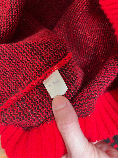 Vintage Clothing - Pullover Crewneck Knit Sweater - Black Flowers on Red Glitter - Medium