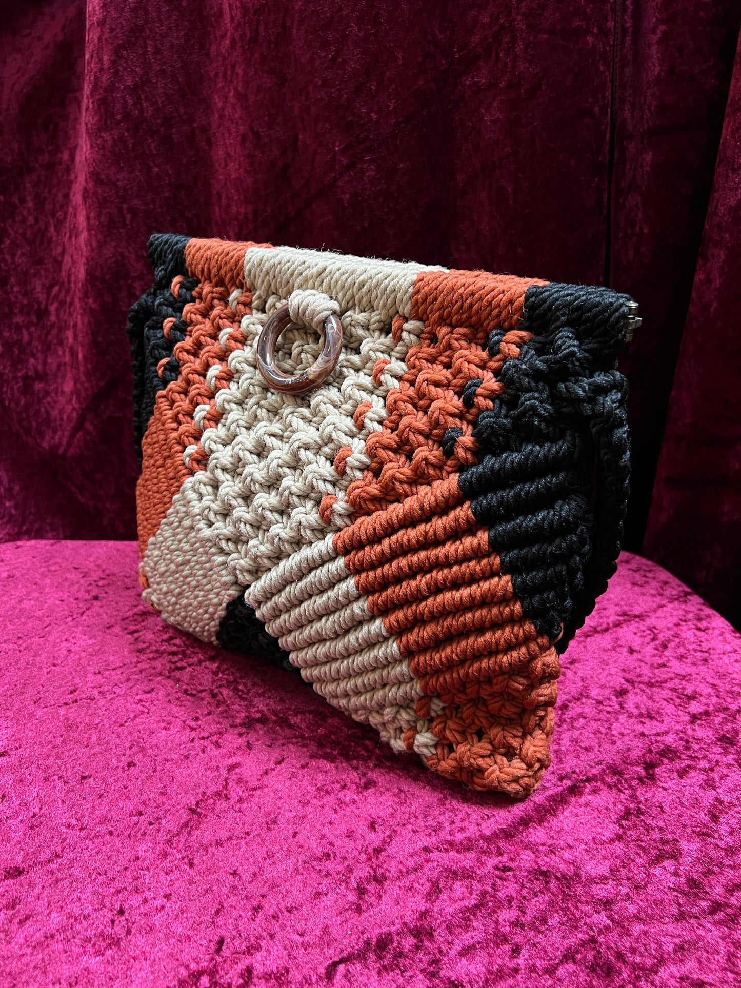 Vintage 1970s Frame Top Macramé Shoulder Bag – Geometric Earth Tones Pattern - Marbella