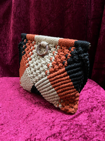 Vintage 1970s Frame Top Macramé Shoulder Bag – Geometric Earth Tones Pattern - Marbella