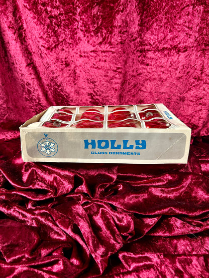 Vintage Christmas - Glass Ornament Set of 12 - Solid Red - Holly - Made In USA