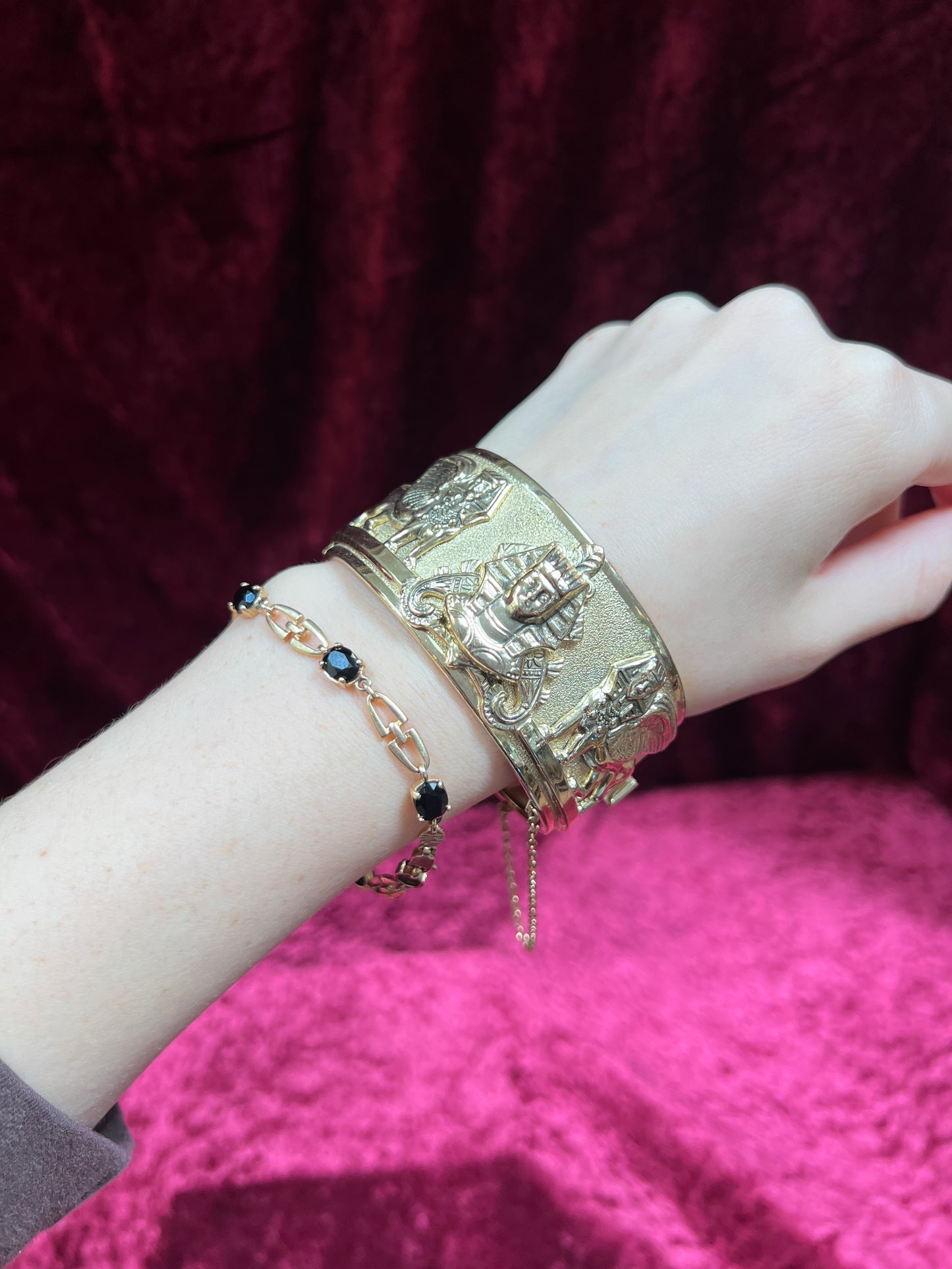 Vintage Jewelry - Chunky Cuff Bracelet - Gold Tone - Egyptian Revival - Whiting & Davis Co.