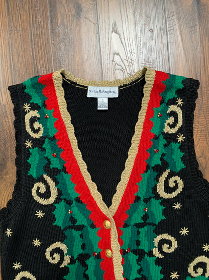 Vintage Clothing - Knit Button Up Vest - Holiday Mistletoe - Norton McNaughton - Medium