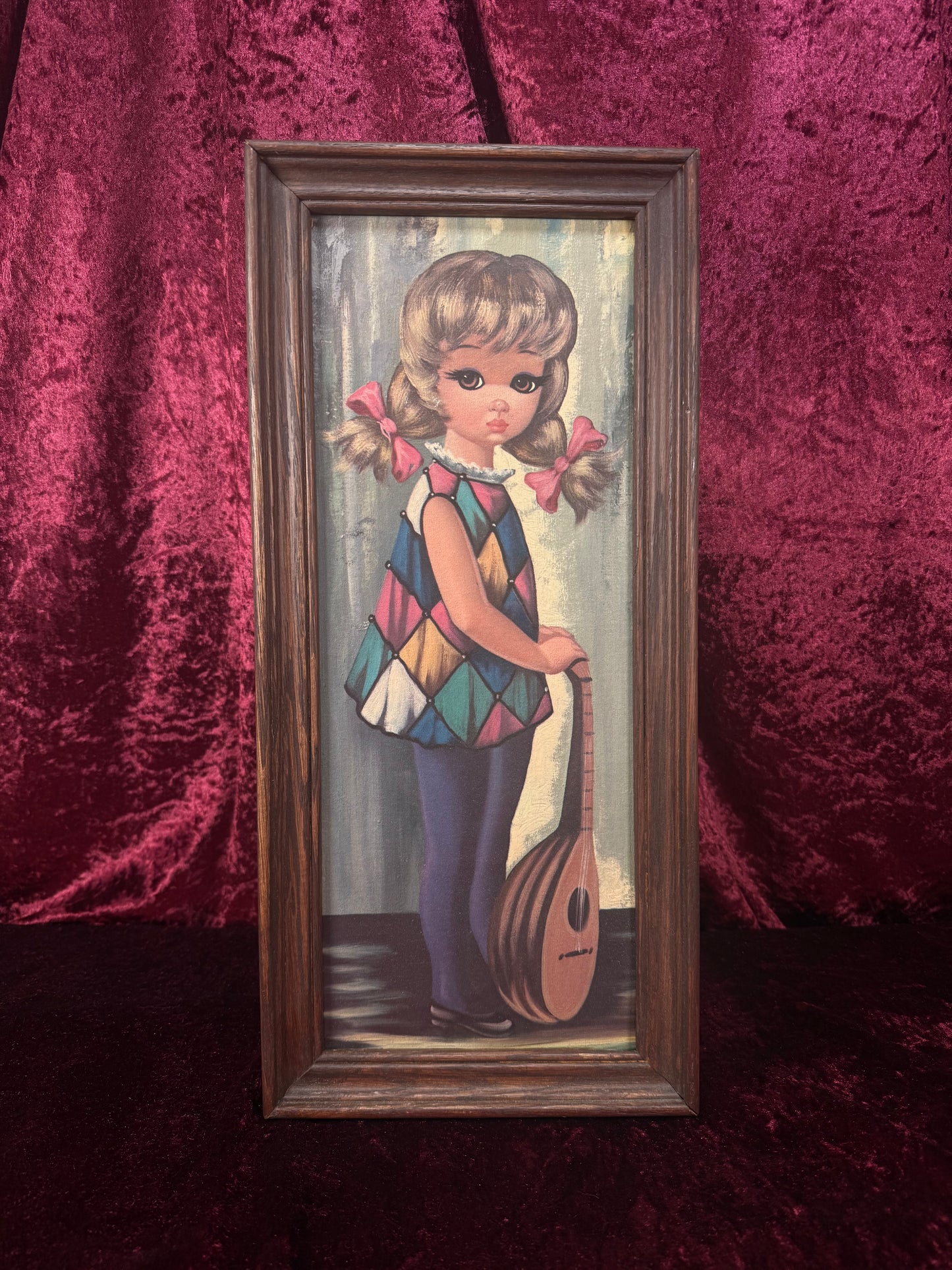 Vintage Mid Century Framed Wall Art – Big Eyes Lute Harlequin Girl Portrait - Moppet by Jean Maio