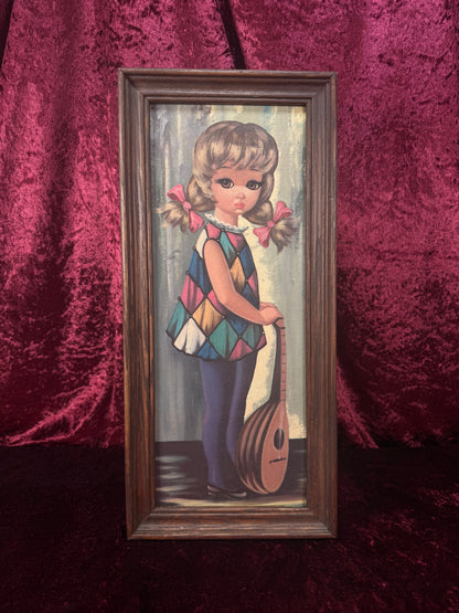 Vintage Mid Century Framed Wall Art – Big Eyes Lute Harlequin Girl Portrait - Moppet by Jean Maio