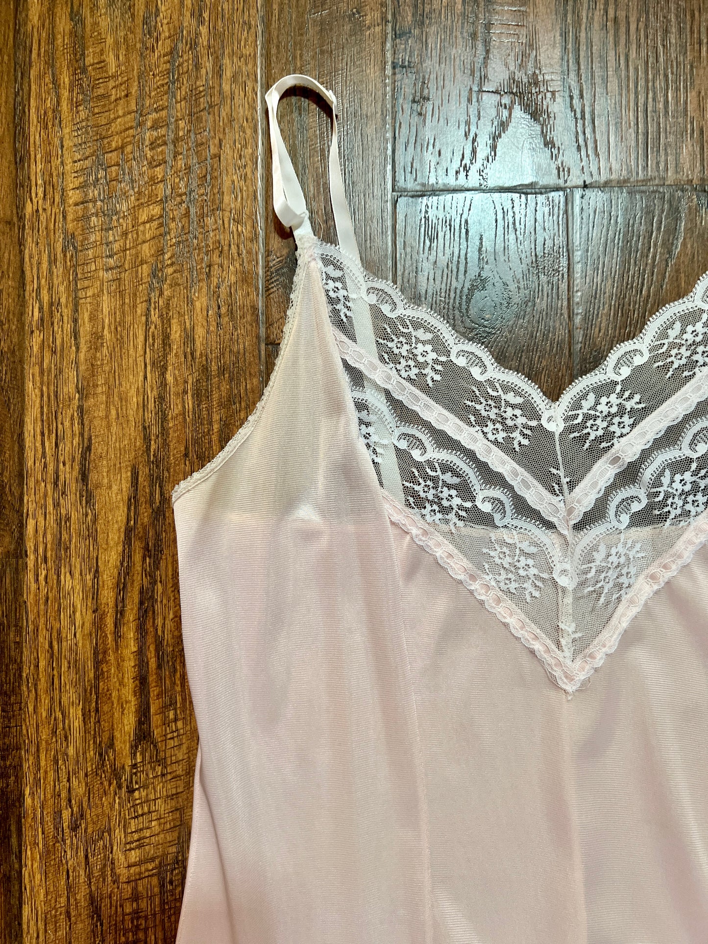 Vintage Silky Dress Slip with  Sheer Lace Yoke - Blush Pink - Body Lites