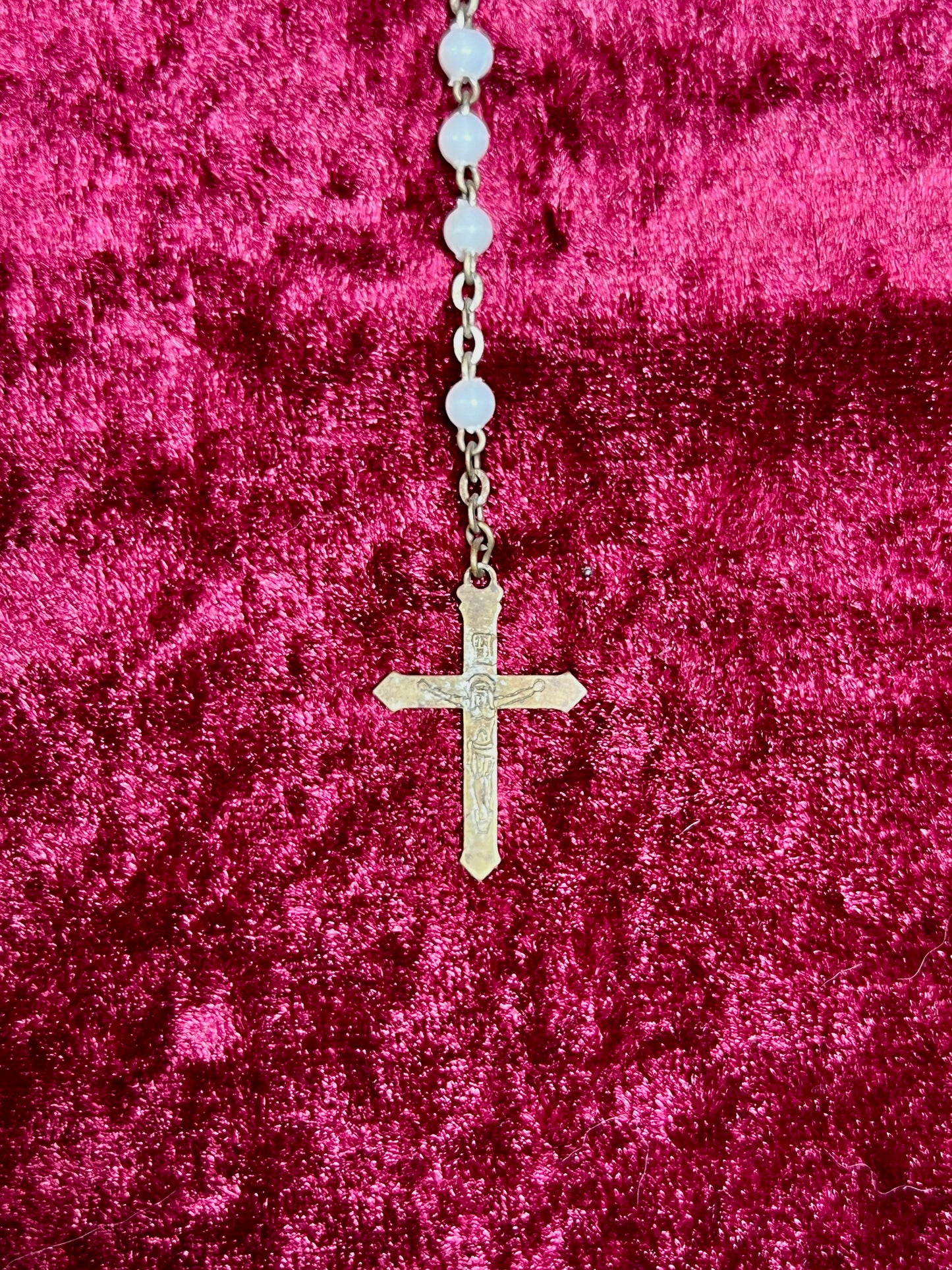 Vintage Jewelry - Rosary Beads - Shiny White Beads - Brass Tone Cross - 12.75"