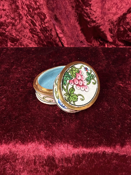 Vintage Miniature Canton Enamel Pill Box – Vining Grape Cluster with Floral Border