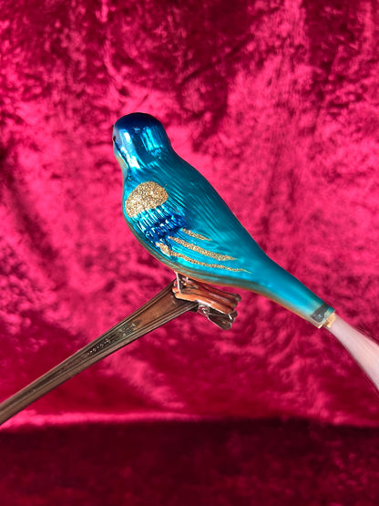 Vintage Christmas - Glass Clip-On Ornament - Blue Bird with Nylon Hair Tail