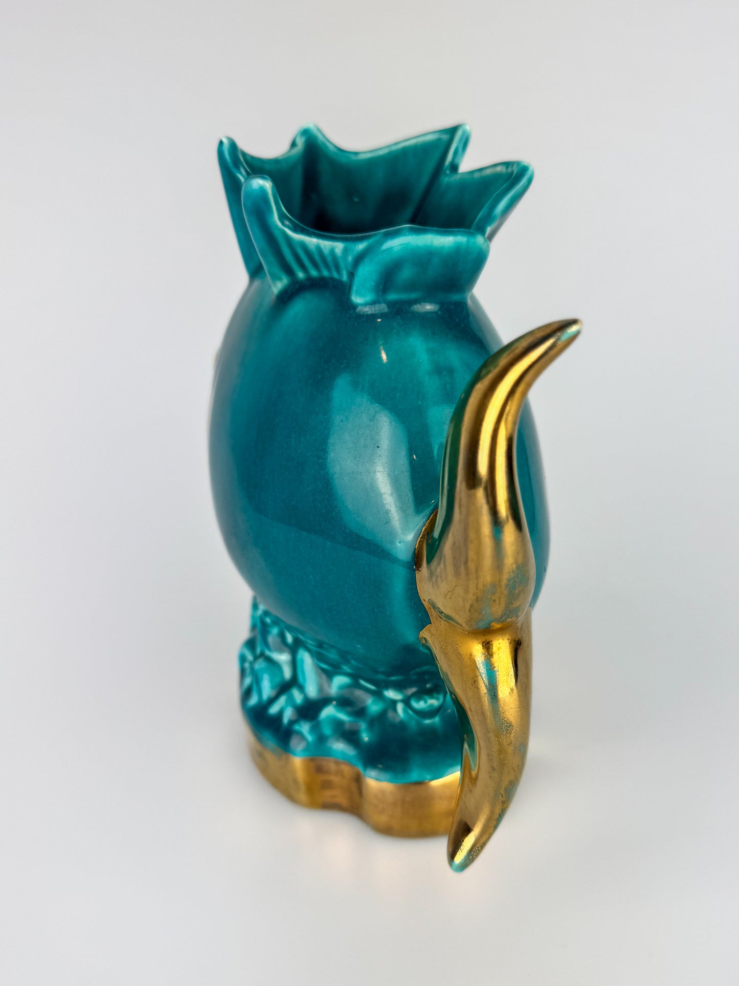 Vintage 1950s Turquoise Blue Fish Planter with Gold Detail - Coastal Chic