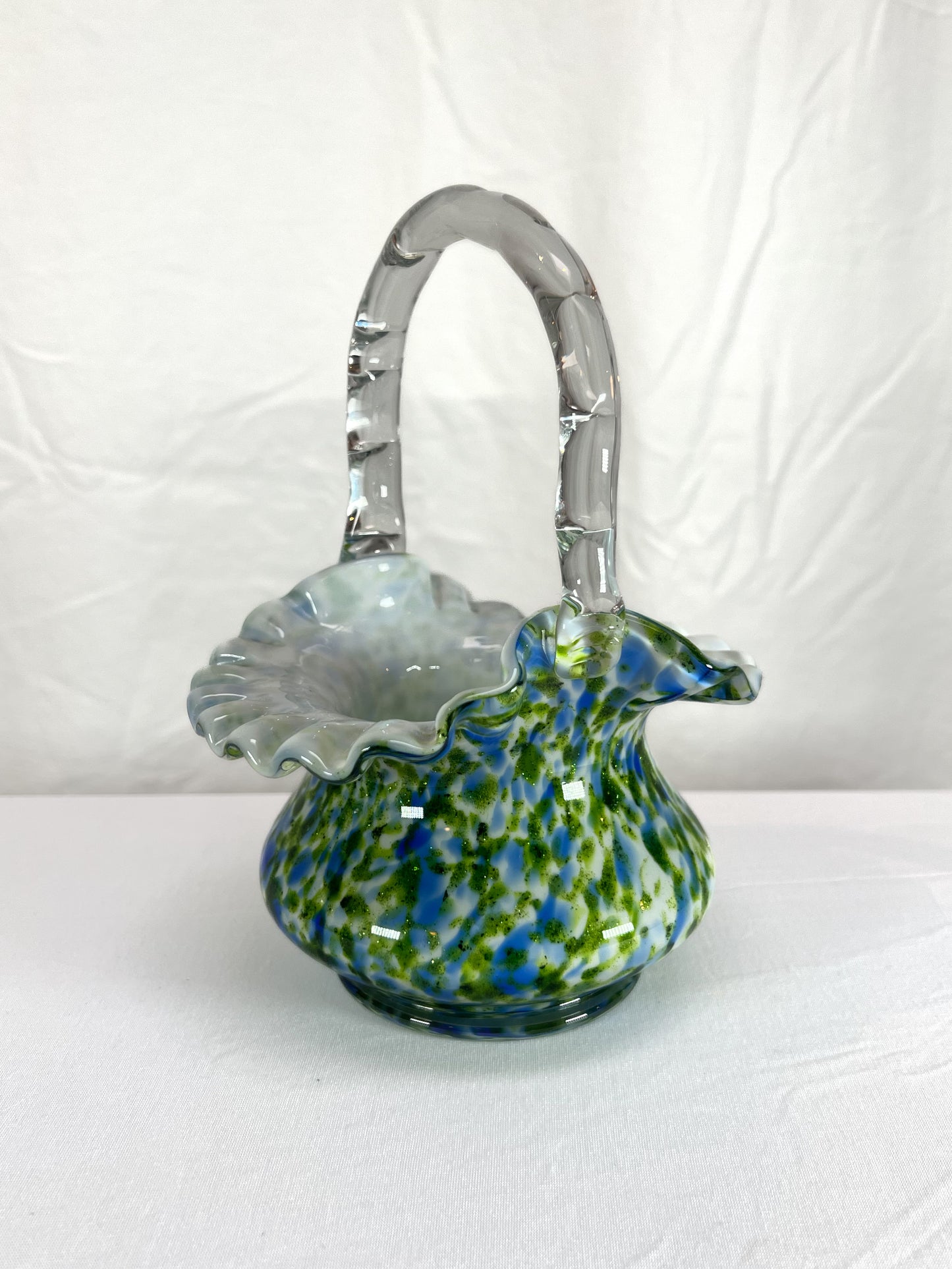 Vintage Art Glass - Ruffled Basket - Murrhina Aventurine - Green and Blue - Fenton - 1960s