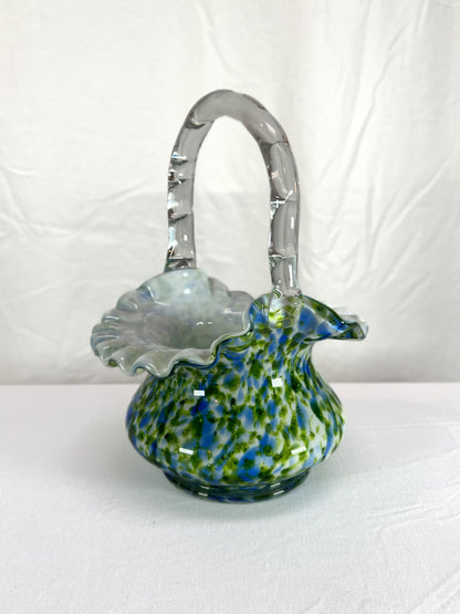 Vintage Art Glass - Ruffled Basket - Murrhina Aventurine - Green and Blue - Fenton - 1960s