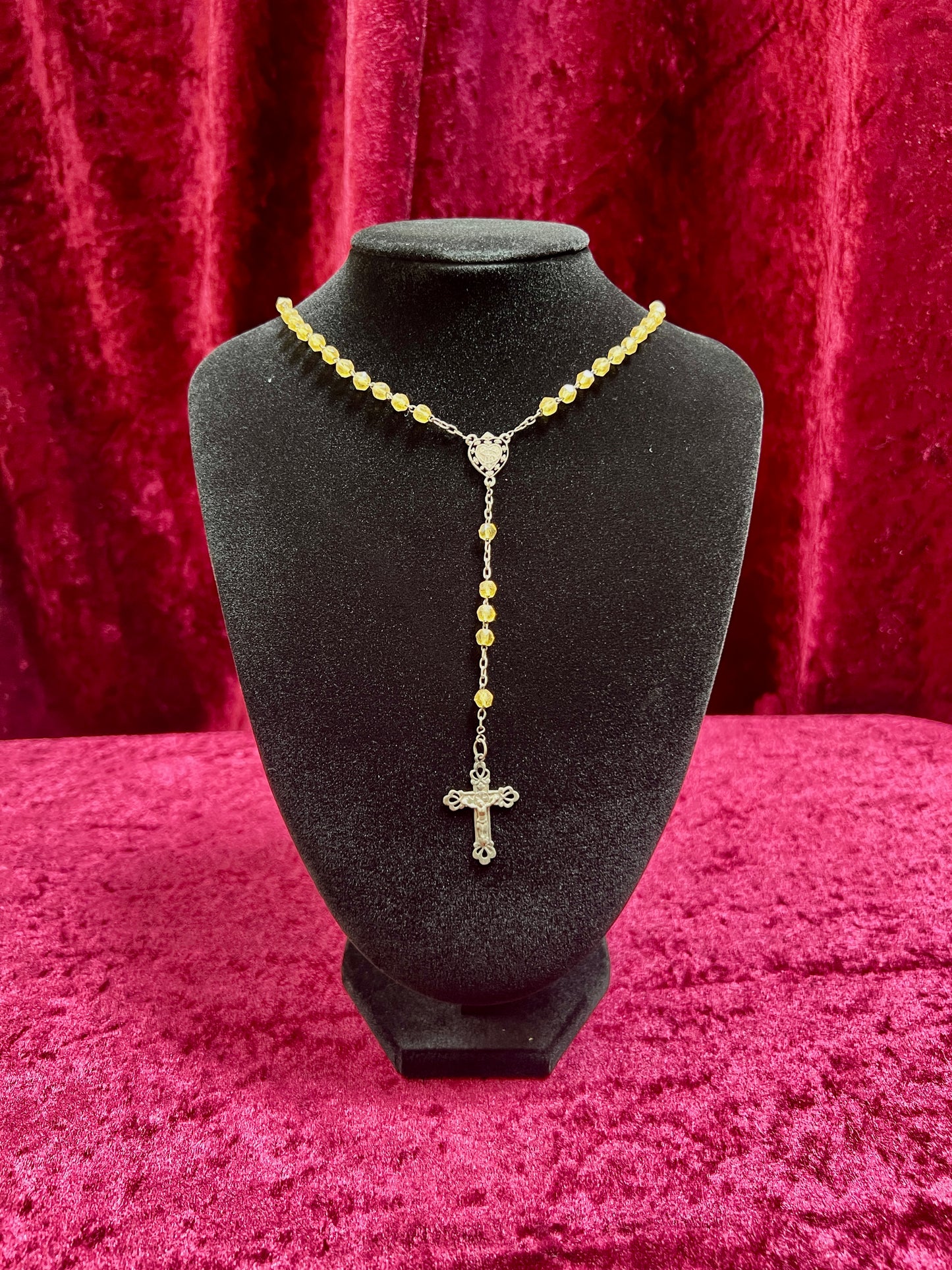 Vintage Jewelry - Rosary Beads - Faceted Amber Beads - Silver Tone Cross - 13.75"