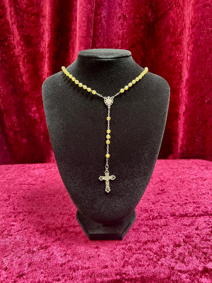 Vintage Jewelry - Rosary Beads - Faceted Amber Beads - Silver Tone Cross - 13.75"